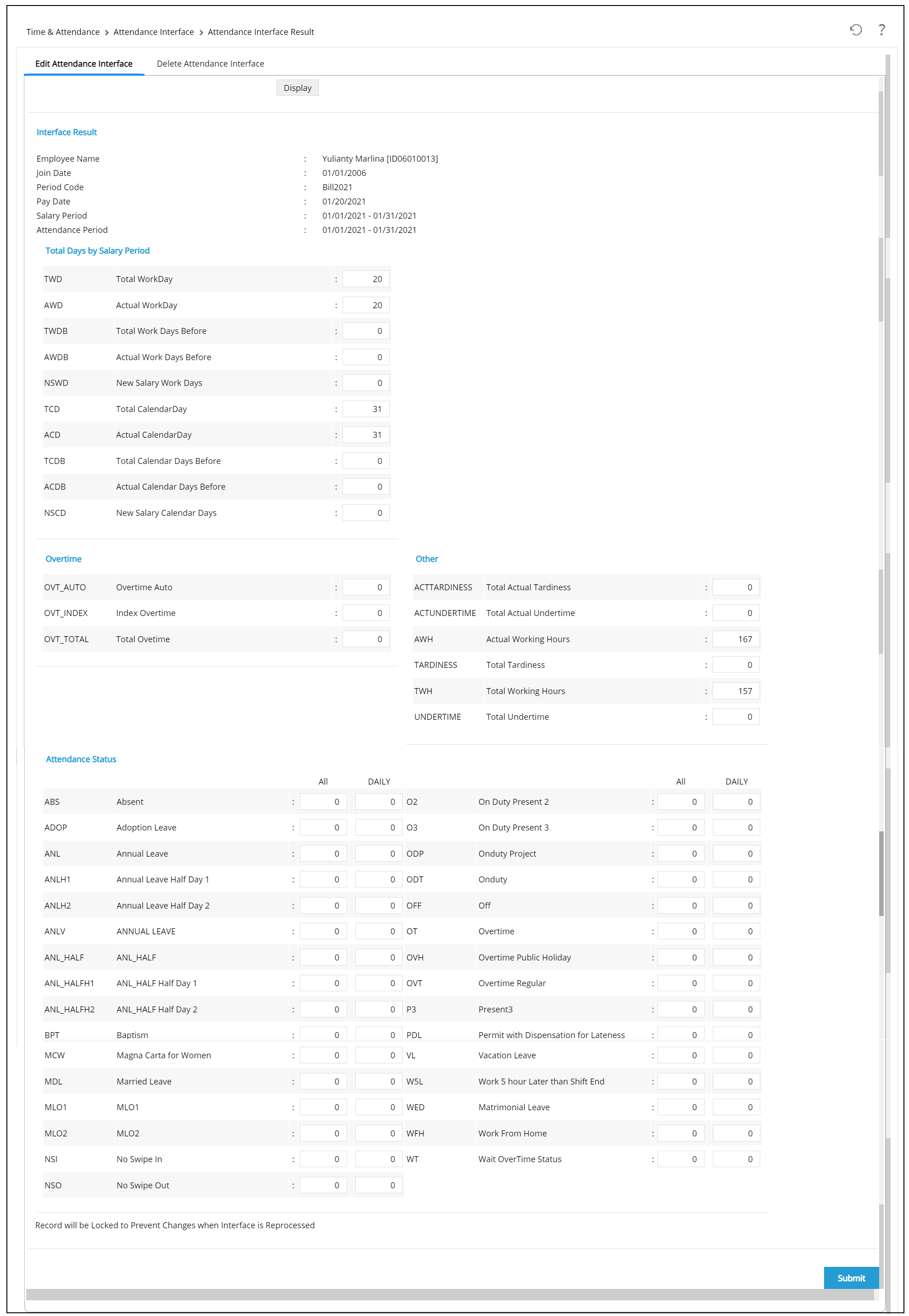 Attendance Interface Result Listing Page