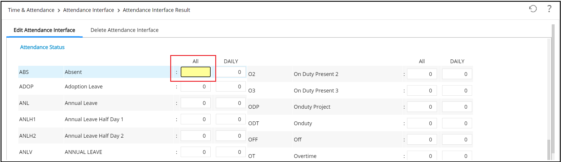 Attendance Interface Result Listing Page